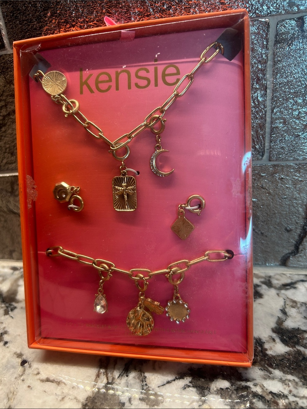 kensie Gold-tone Charm Necklace, Bracelet Set and earrings set